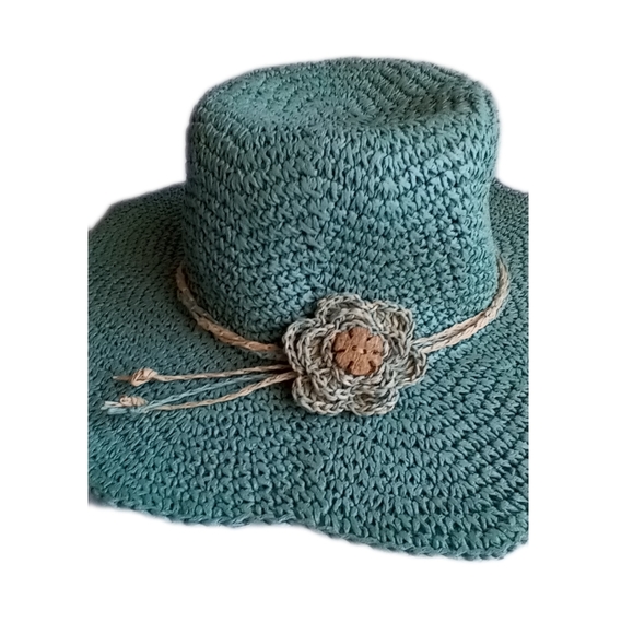 💥 3 For $25 💥         Vintage Turquoise Straw Floppy Hat - Picture 3 of 4